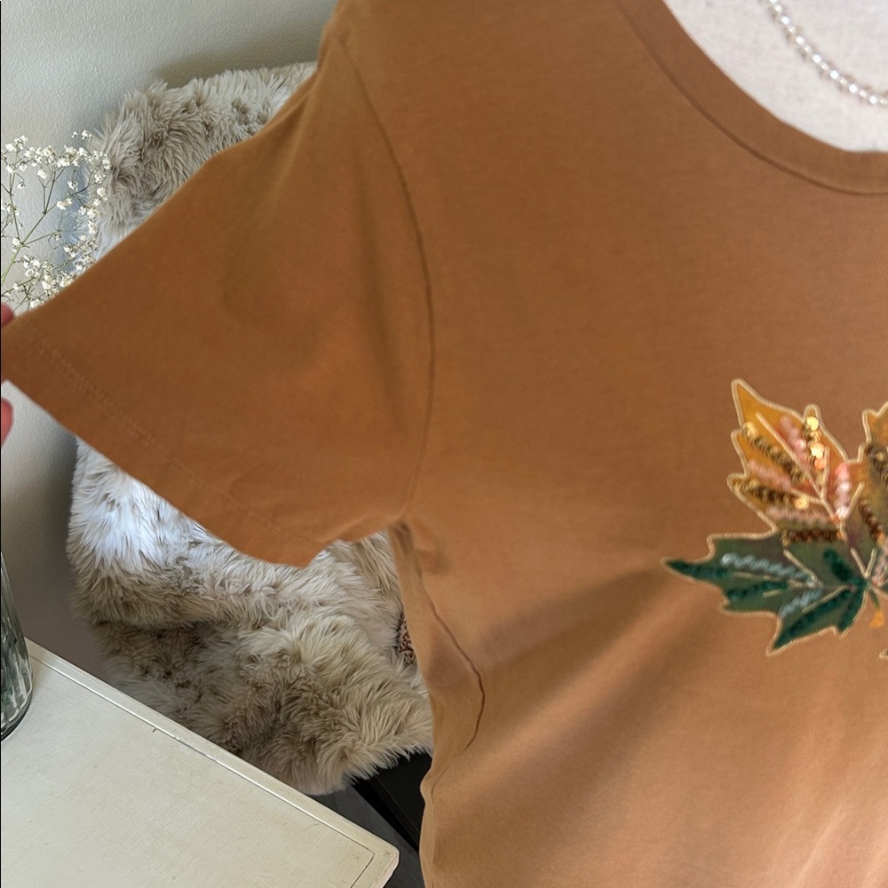 J. crew fall sequin leaf collectors Tee cotton tan, brown, green tee shirt L - Picture 5 of 11